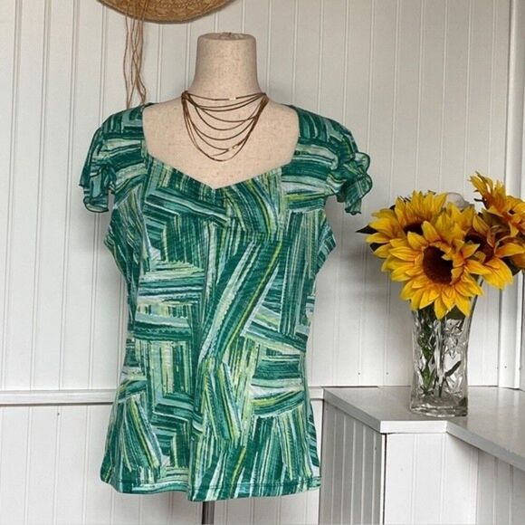 Coconut Row Green & Yellow Geometric Short Sleeve Top - Picture 1 of 5